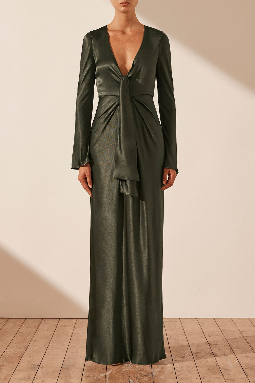 what suit goes with a green dress Shona Joy Asymmetrical Gathered Maxi Dress in Forest – Coco & Lola main image 0