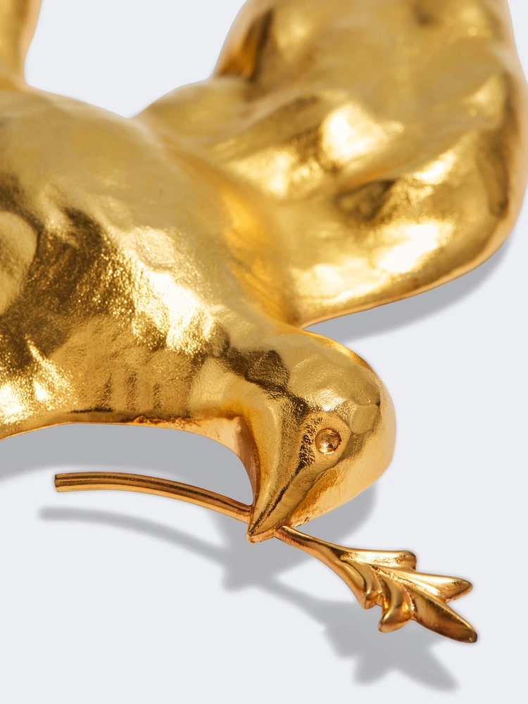 Schiaparelli Dove Brooch – Gilded Pewter Dove Pin with Olive Branch