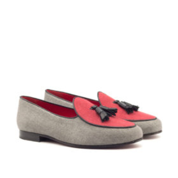 Belgian Slipper Black Calf Leather, Grey Linen, Red Linen Men  Coveti