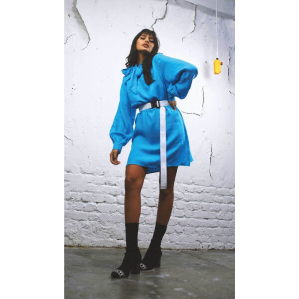 The Justify shift blue dress with neck tie   Coveti