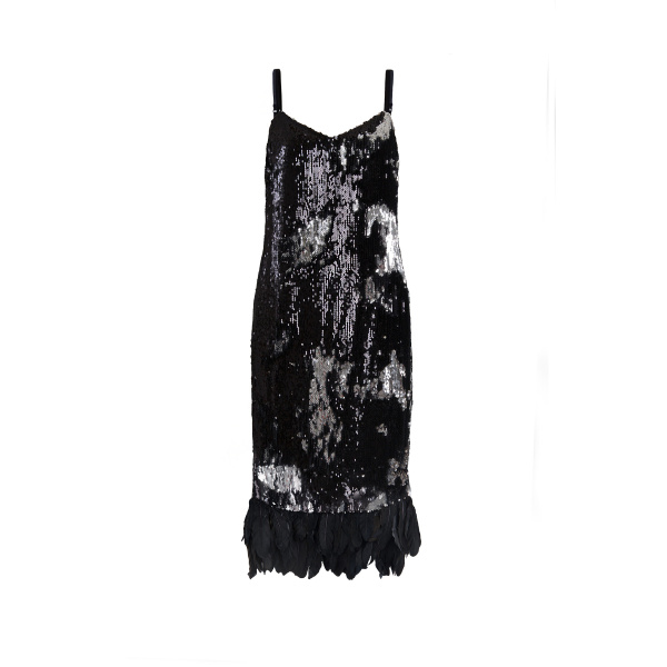 Dress In Black And Silver Sequins With Removable Feathers – XL   Coveti