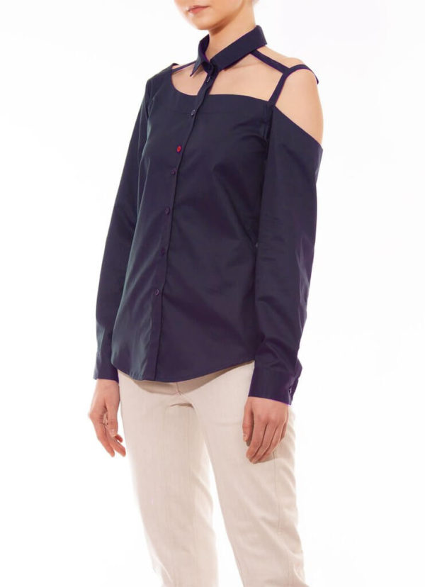 Talented women’s one shoulder button down navy blue cotton blouse – L   Coveti