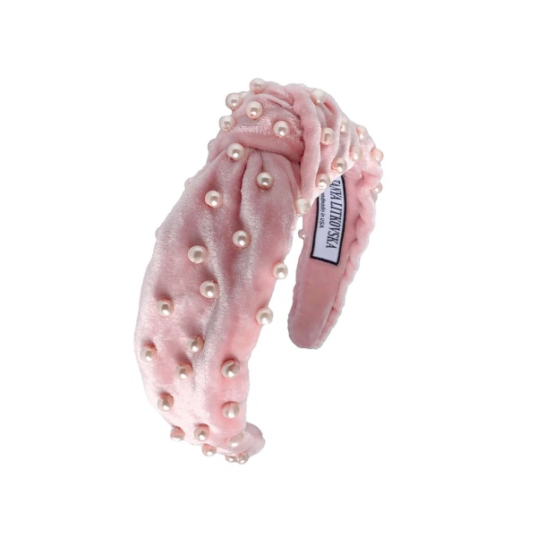 Pearled Baby Pink Velvet Knotted Headband Accessories emerging designer Coveti