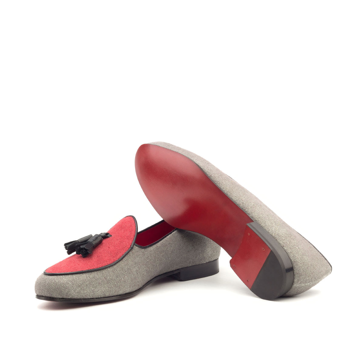 Belgian Slipper Black Calf Leather, Grey Linen, Red Linen Men  Coveti