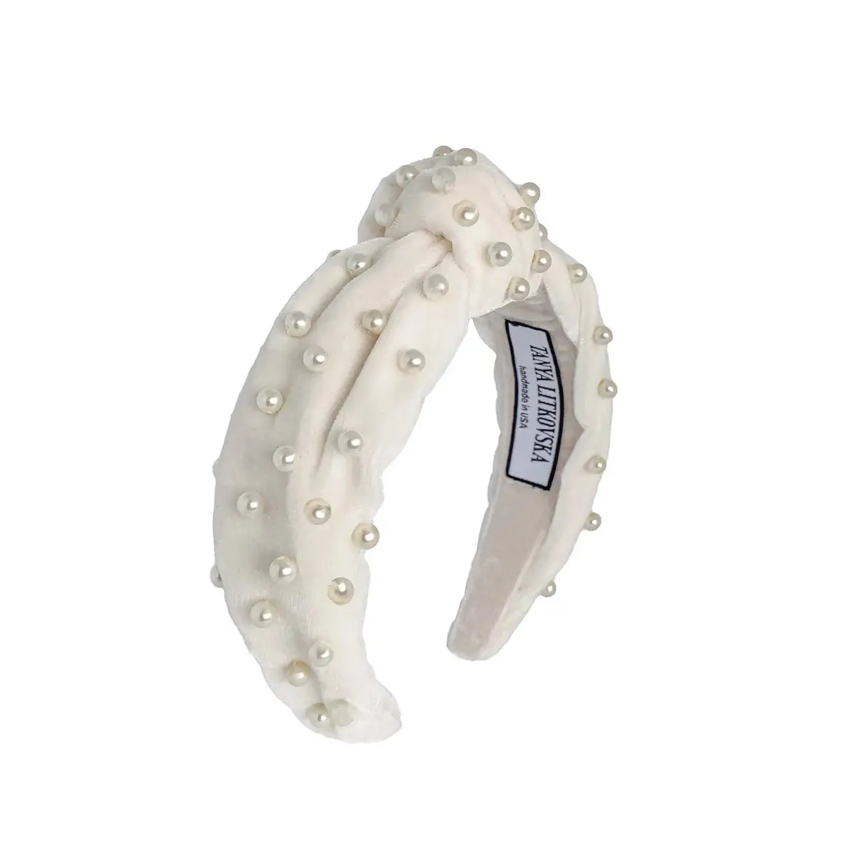 Pearled Off White Velvet Knotted Headband Accessories emerging designer Coveti