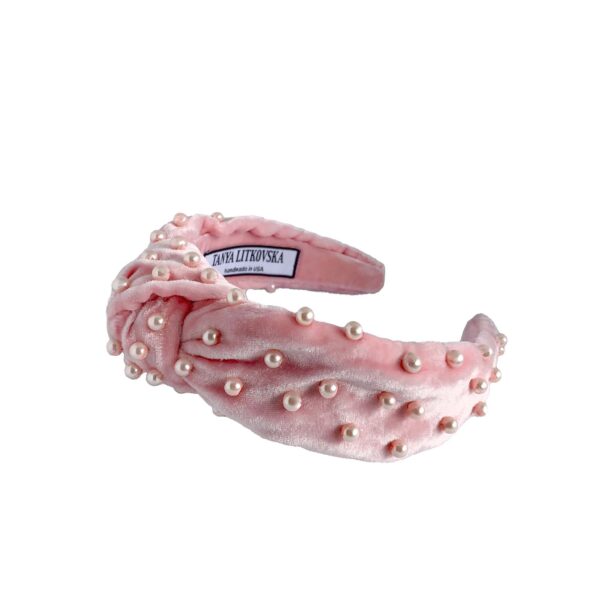 Pearled Baby Pink Velvet Knotted Headband Accessories emerging designer Coveti