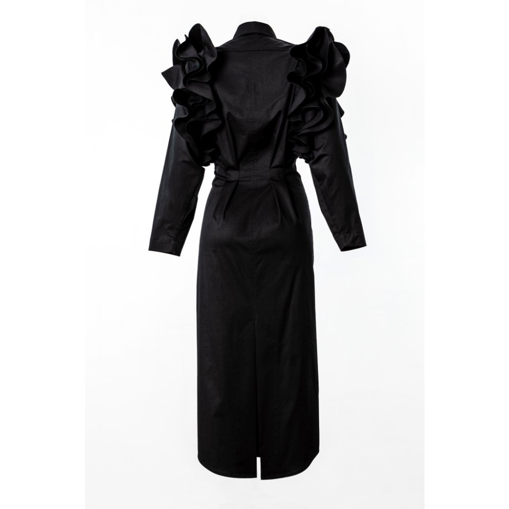 Ruffled shoulders black dress Designer Collection Coveti