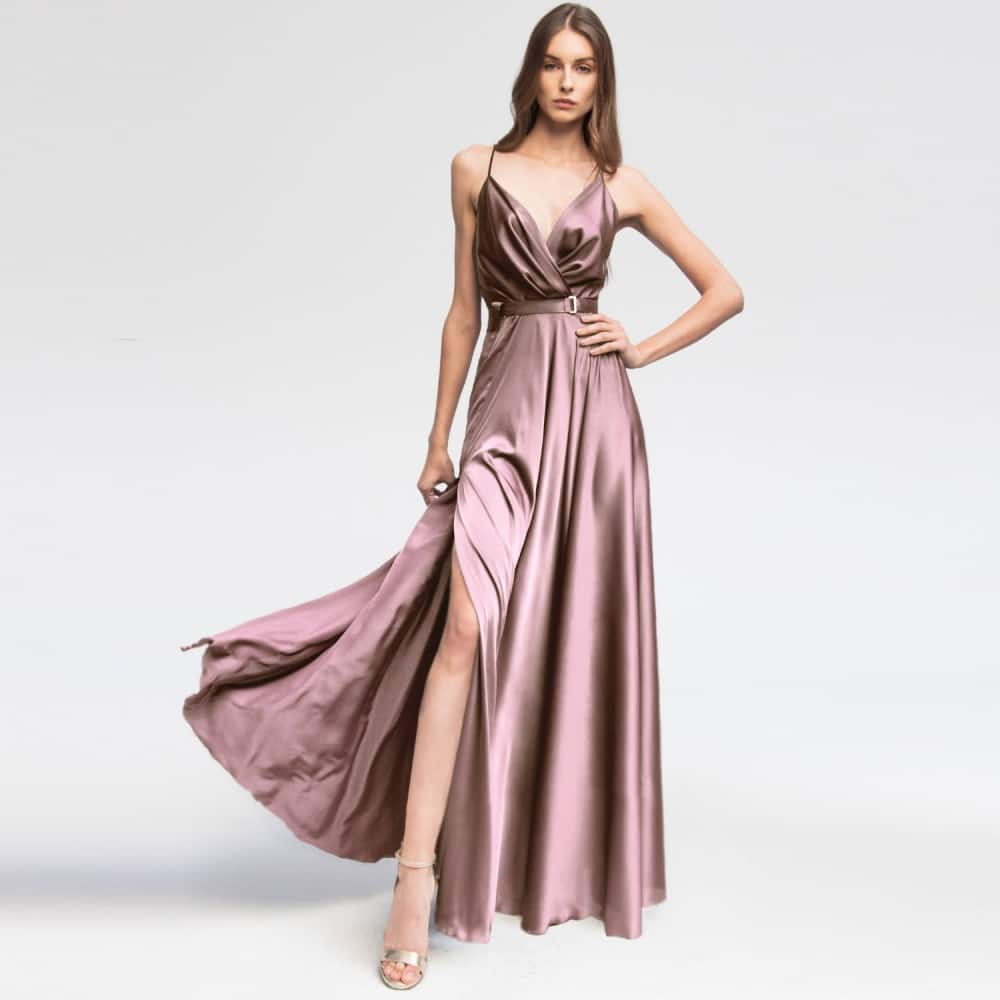 freya fuchsia pink satin long evening dress reviews Freya Charming A-Line Wrap Slit Long Satin Bridesmaid Dresses main image 0