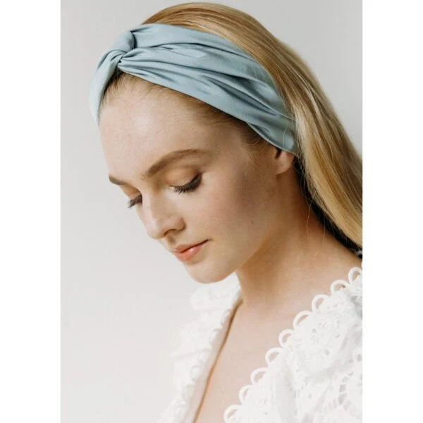 Jennifer Behr Novarella turban in silk faille seafoam headband, view 3