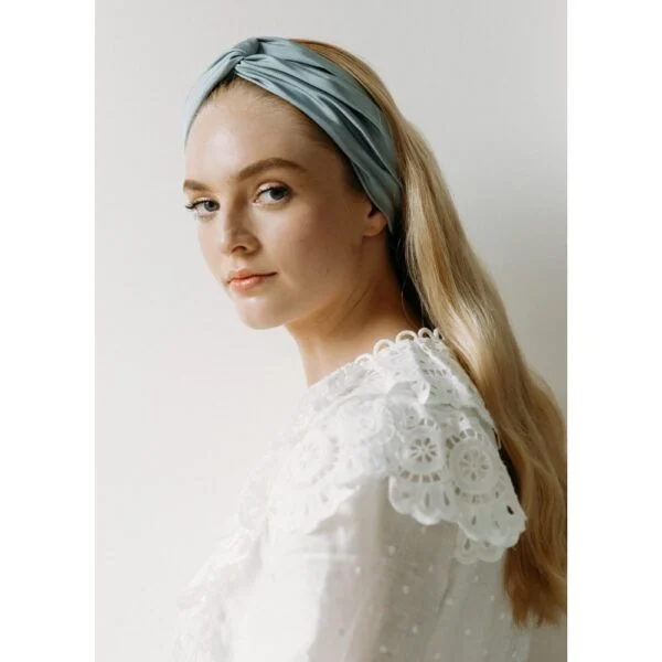 Jennifer Behr Novarella turban in silk faille seafoam headband, view 2