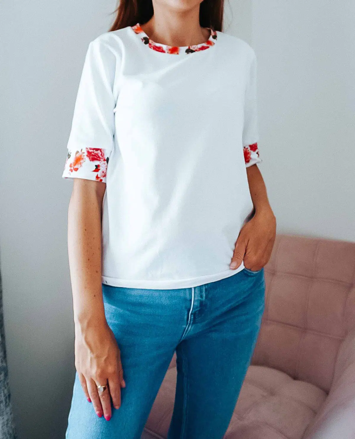 White Peony Sleeve Top Clothing designer print Coveti