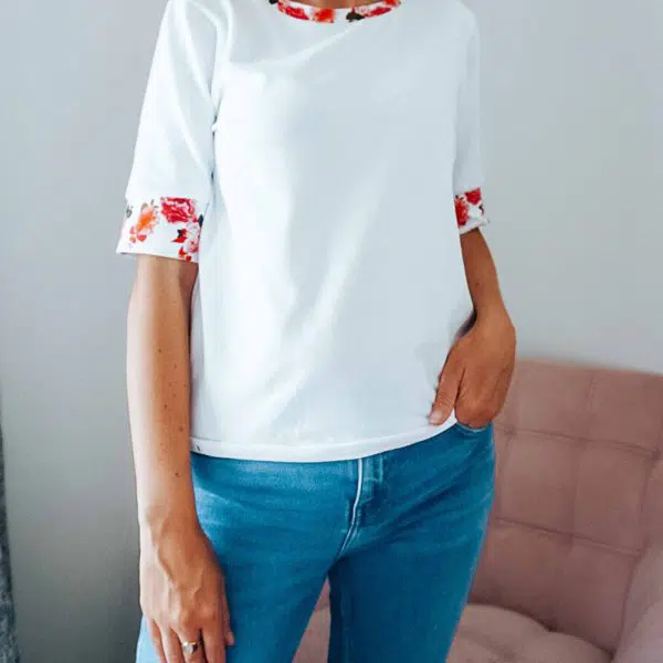 White Peony Sleeve Top Clothing designer print Coveti