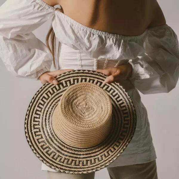 Women holding Andino Black Short Brim Straw Hat