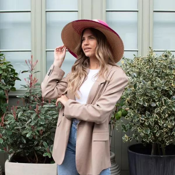 women wearing Yonna Fuchsia Wide Brim Straw Hat