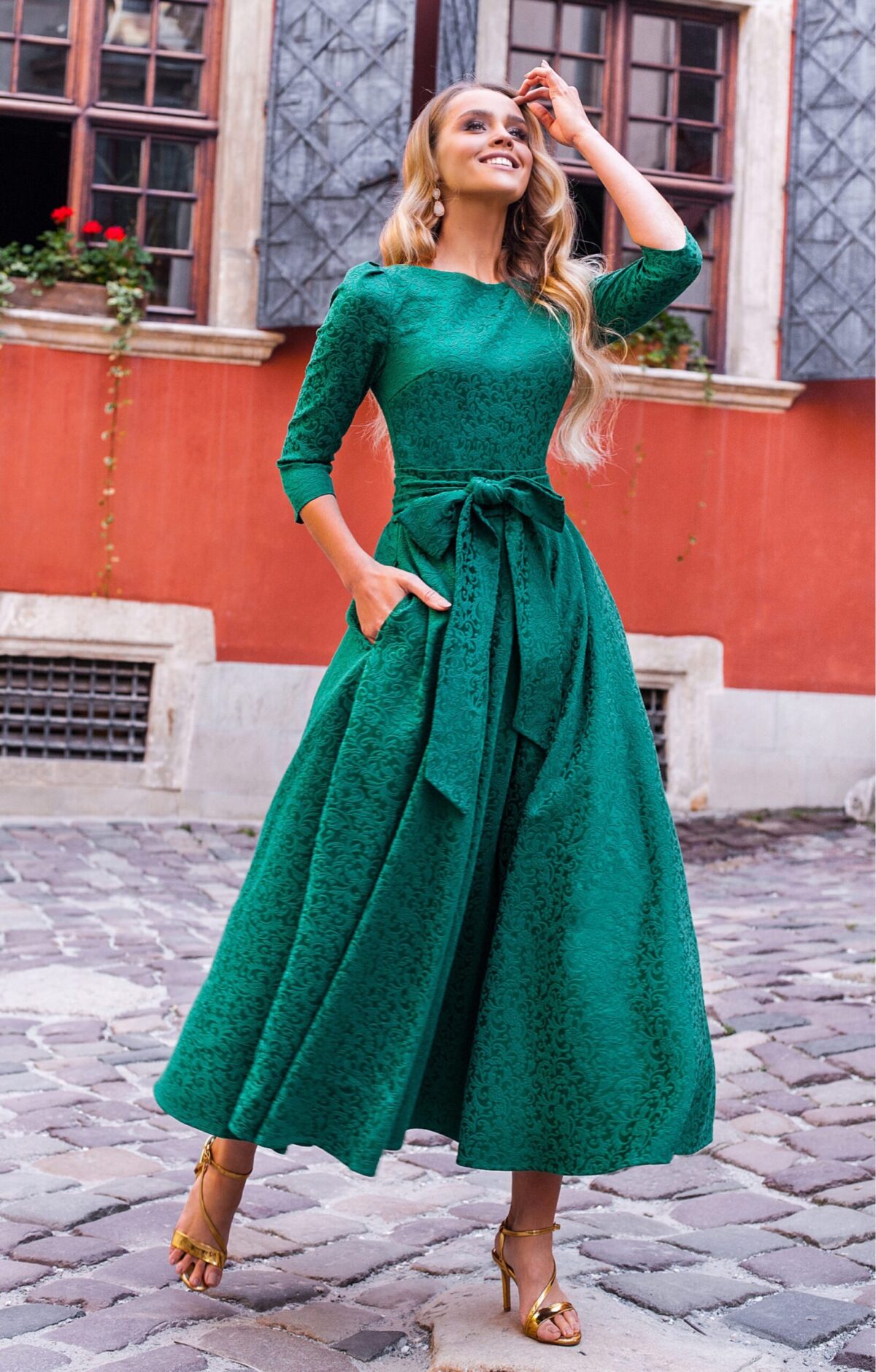 Francesca dress Jacquard alyzee emerald dress Clothing 3/4 Sleeve Coveti