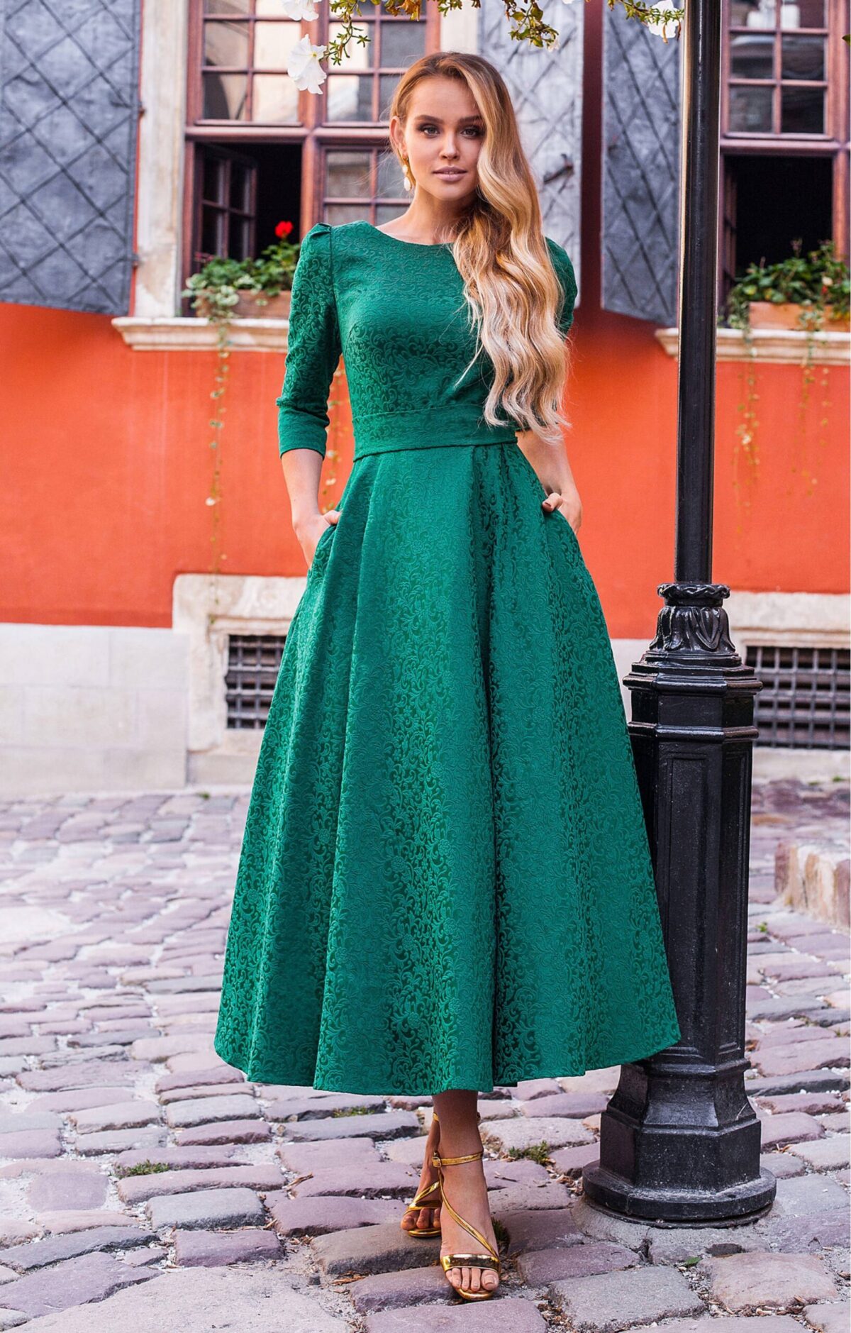 Francesca dress Jacquard alyzee emerald dress Clothing 3/4 Sleeve Coveti