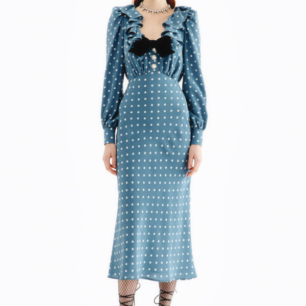 Polka Dot Silk Dress With Volant Collar