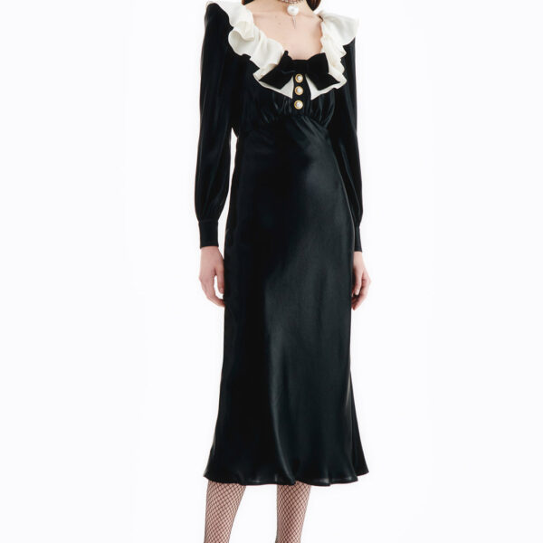 Laminated Silk Dress With Volant Collar