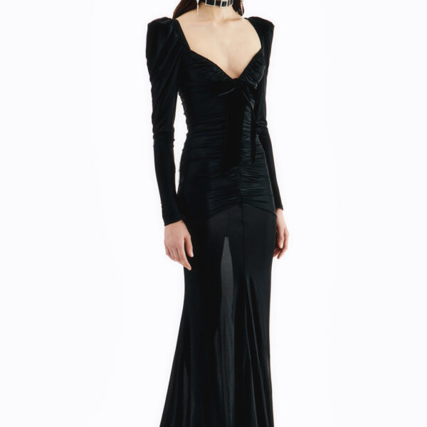 Laminated Jersey Draped Evening Dress