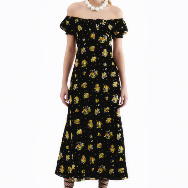 Daisy Print Silk Off The Shoulder Dress