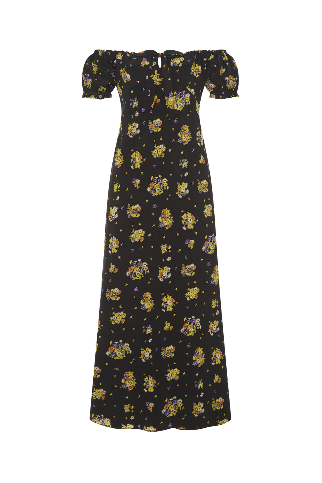 Alessandra Rich Daisy Print Silk Off The Shoulder Dress