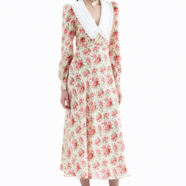 Rose Print Silk Dress With Collar