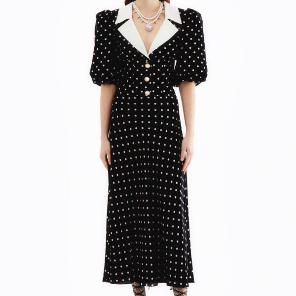 Polka Dot Silk Dress With Puff Sleeves