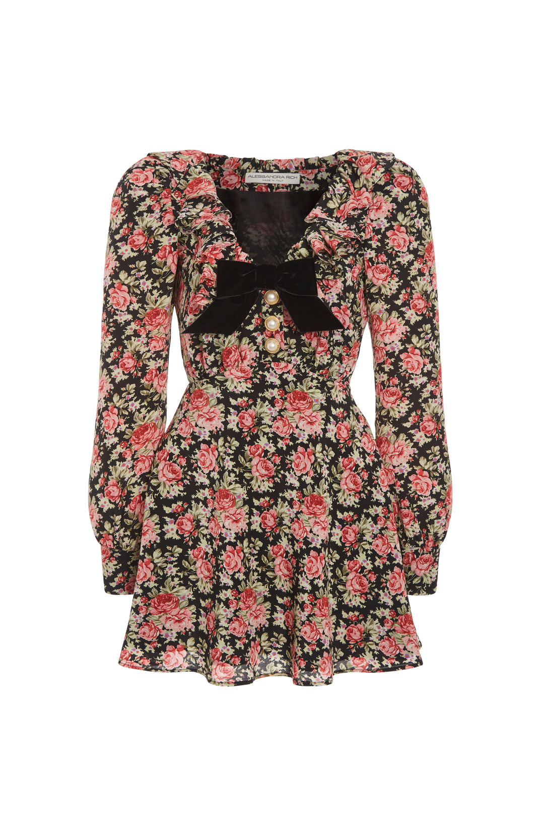 Rose Print Mini Dress With Velvet Bow | Coveti
