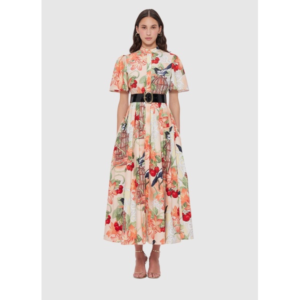 Leo Lin Red Dress Bianca Short Sleeve Midi Dress  Azalea Print in Fortune Clothing Australian Designer Coveti