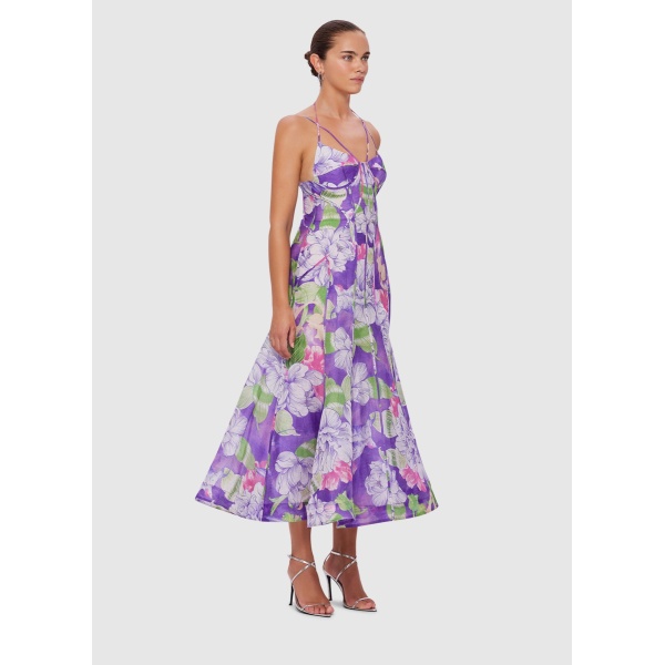 Leo Lin Purple Dress Gina Slip Midi Dress  Swallow Print in Serenity Clothing Australian Designer Coveti
