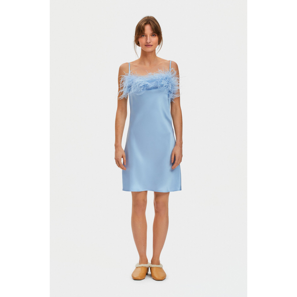 The Sleeper Boheme Mini Dress with Feathers in Light Blue