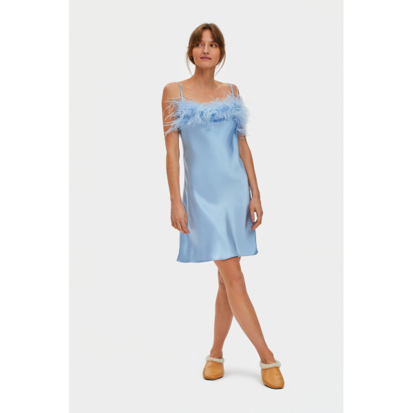 The Sleeper Boheme Mini Dress with Feathers in Light Blue