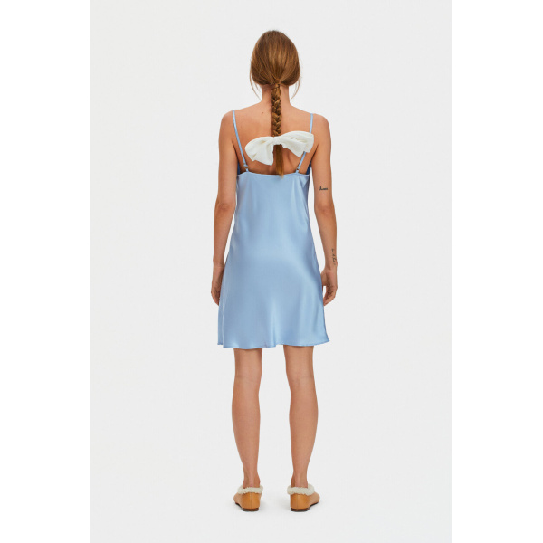 The Sleeper Boheme Mini Dress with Feathers in Light Blue