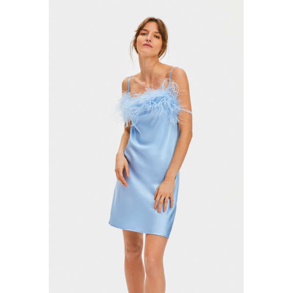 The Sleeper Boheme Mini Dress with Feathers in Light Blue