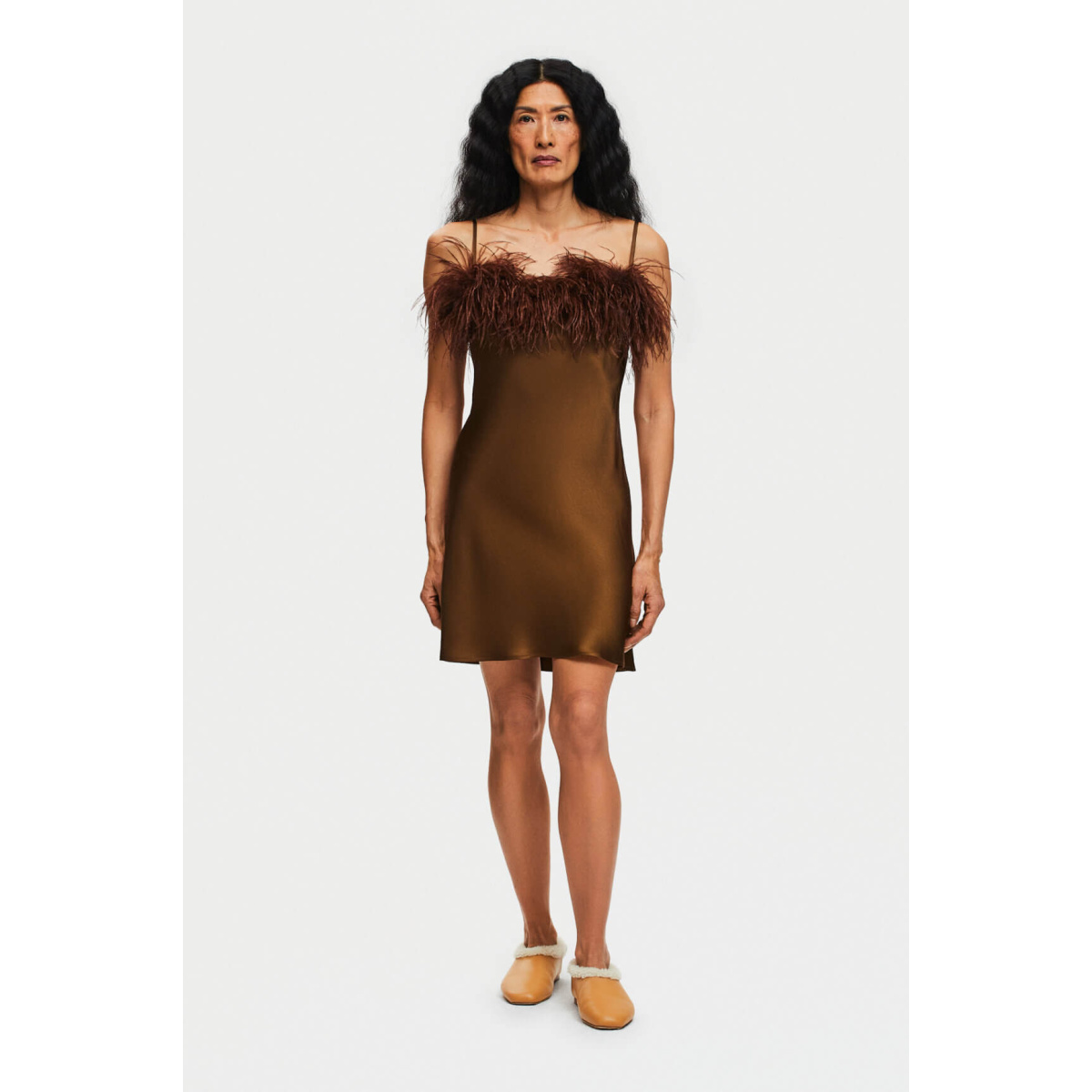 The Sleeper Boheme Mini Dress with Feathers in Whiskey Brown