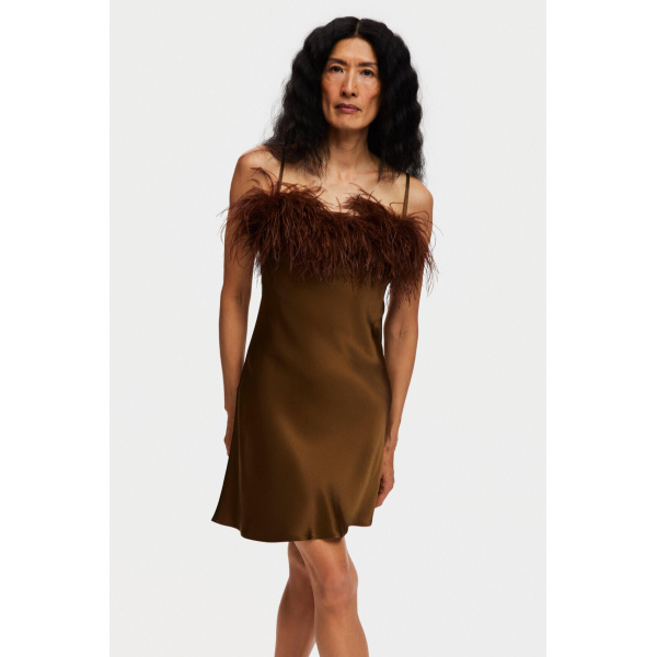 The Sleeper Boheme Mini Dress with Feathers in Whiskey Brown