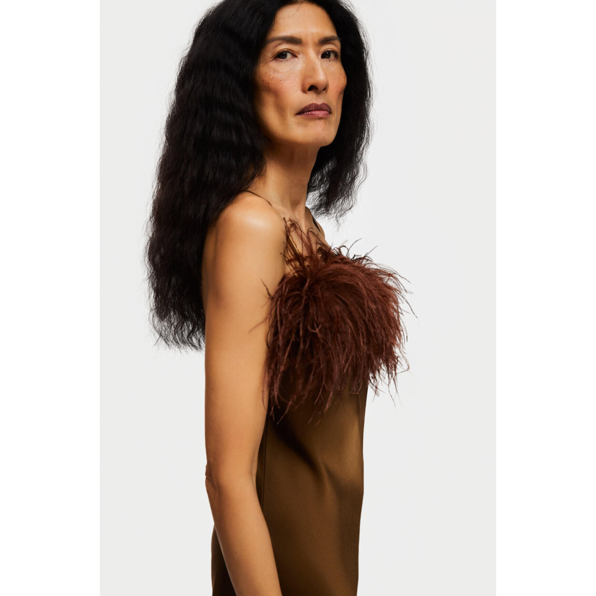 The Sleeper Boheme Mini Dress with Feathers in Whiskey Brown