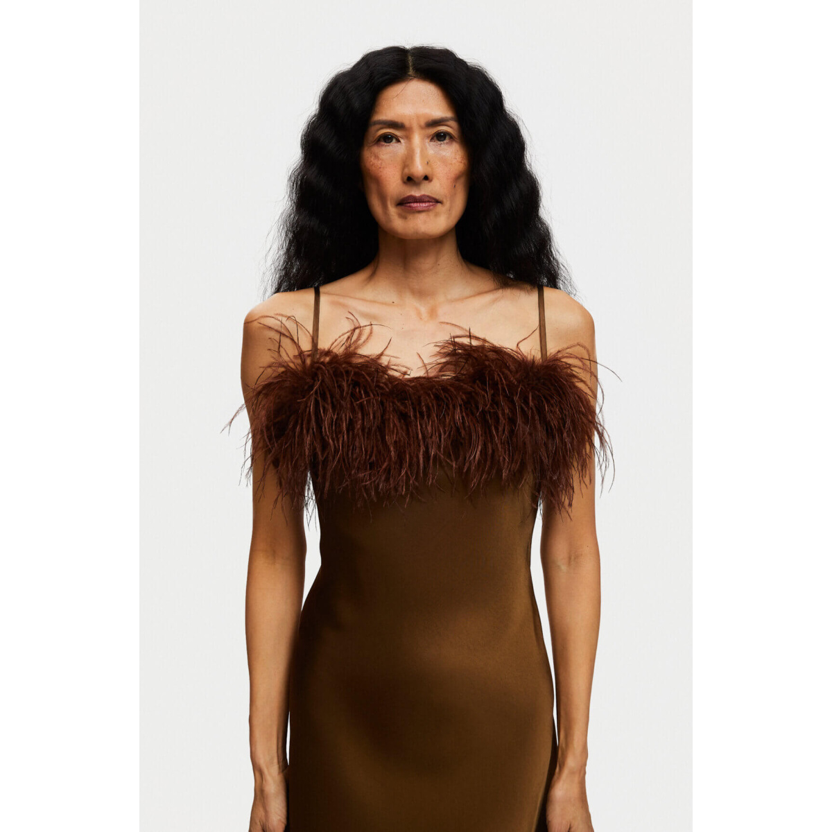 The Sleeper Boheme Mini Dress with Feathers in Whiskey Brown