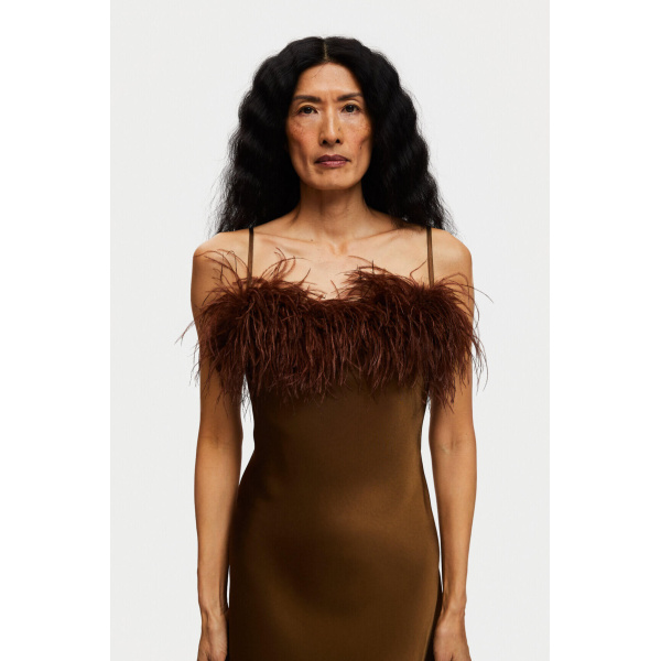 The Sleeper Boheme Mini Dress with Feathers in Whiskey Brown