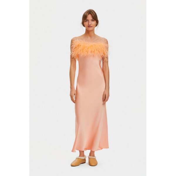 The Sleeper Boheme Slip Dress with Feathers in Light Peach