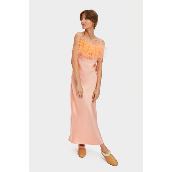 The Sleeper Boheme Slip Dress with Feathers in Light Peach