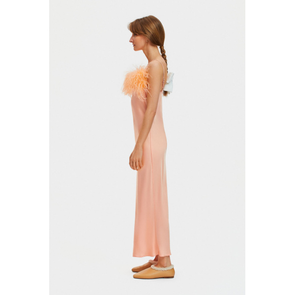 The Sleeper Boheme Slip Dress with Feathers in Light Peach