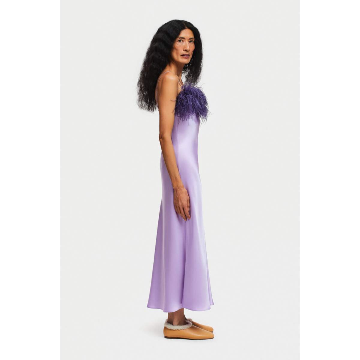 The Sleeper Boheme Slip Dress with Feathers in Lilac