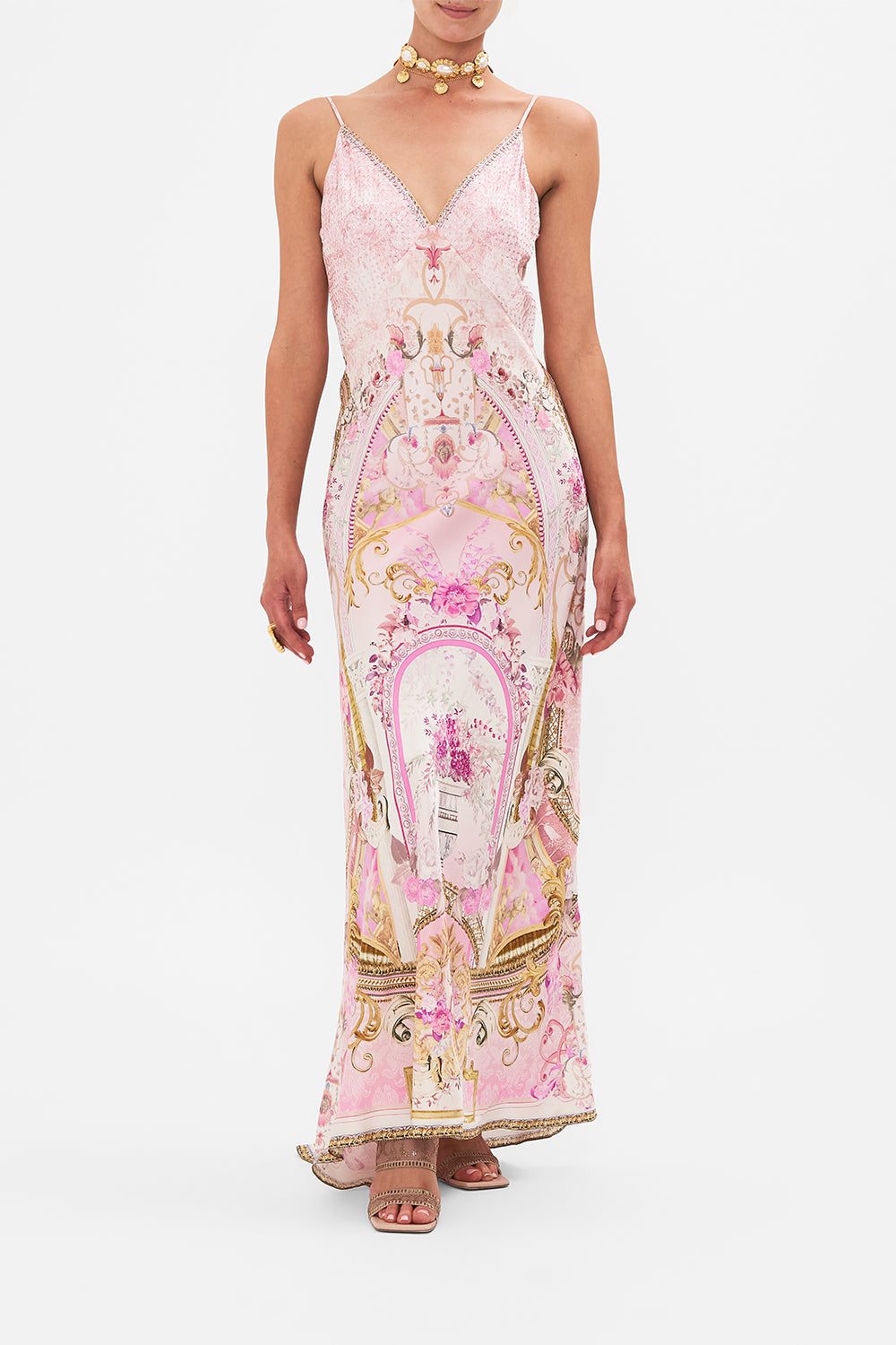 V NECK BIAS SLIP DRESS WITH BACK FRILL ETCHED INTO ETERNITY