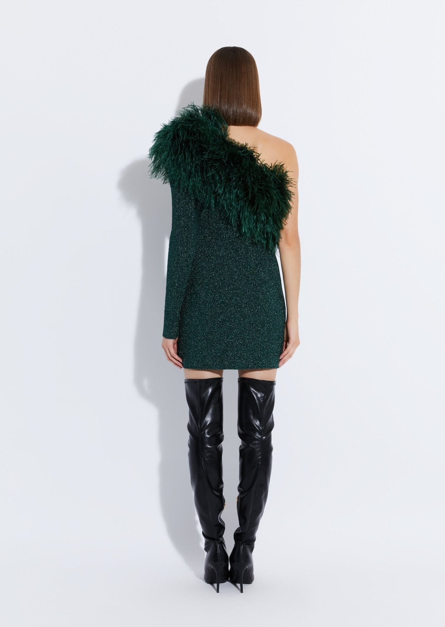 1 Green Metallic Jersey One Shoulder Dress With Feathers