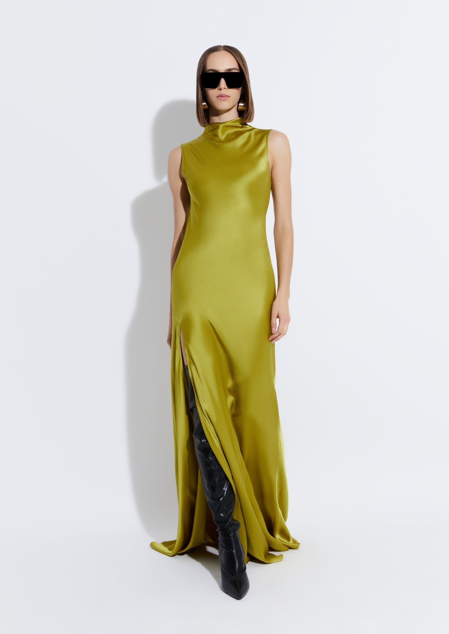 1 Green Satin Drape Neck Sleeveless Gown | Contemporary Ready to Wear ...