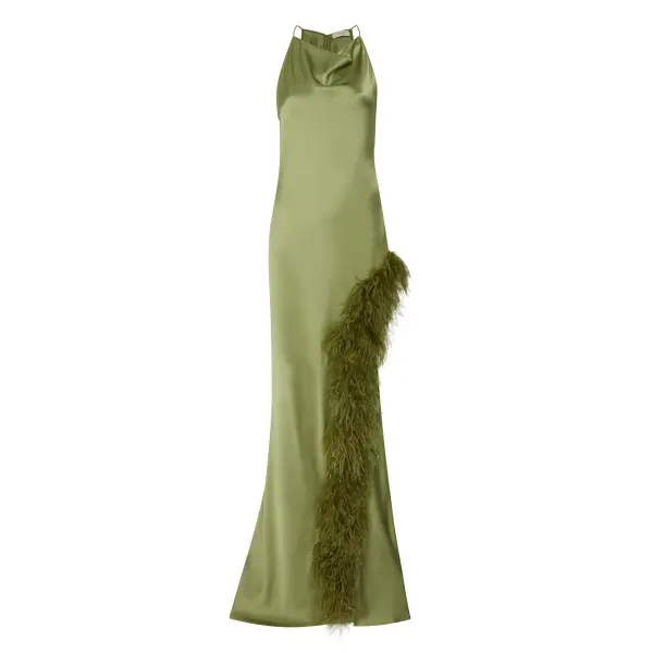 Lapointe Satin Halter Gown With Feathers