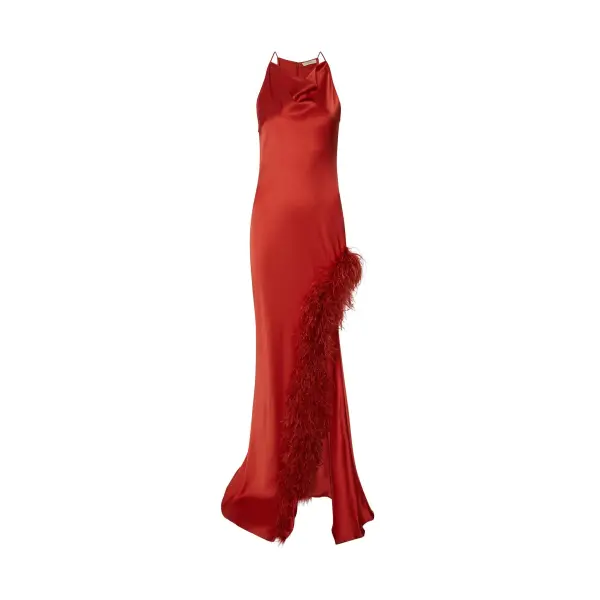 Lapointe Satin Halter Gown With Feathers