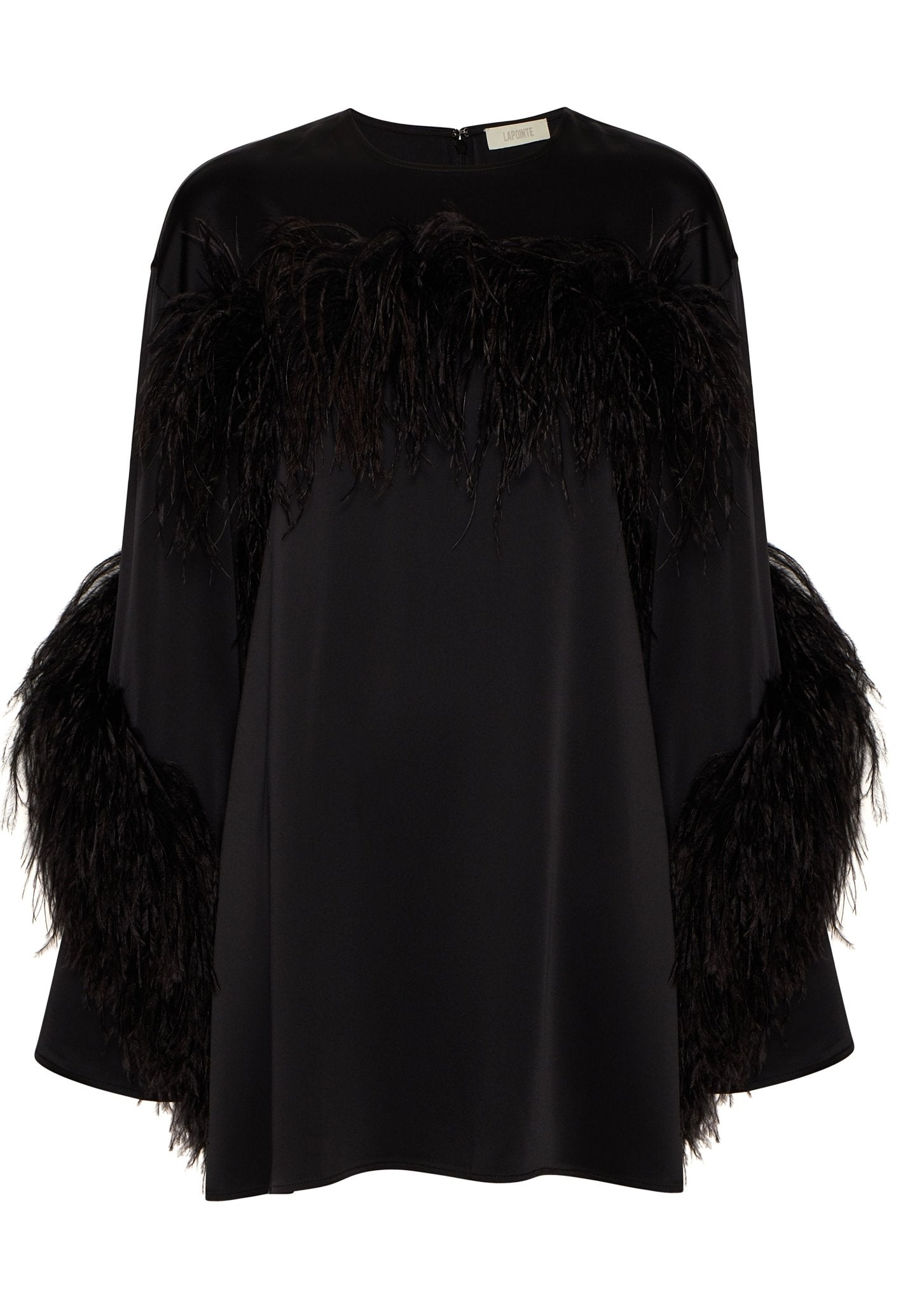 LaPointe Satin Shift Dress With Feathers