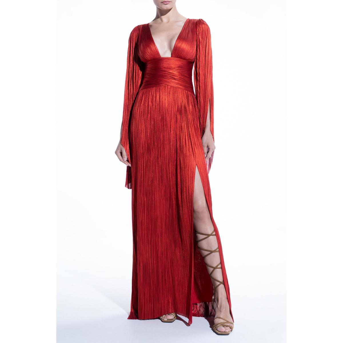 Maria Lucia Hohan Alana Flared Sleeves And A Plunging Red Maxi Dress |  Contemporary Ready to Wear | Coveti